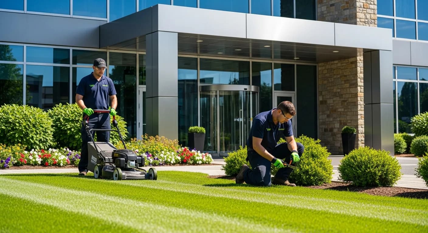 Grounds maintenance operatives caring for a commercial site